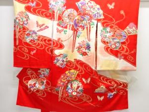 鼓に花・蝶模様子供着物(内袖・長襦袢付き)